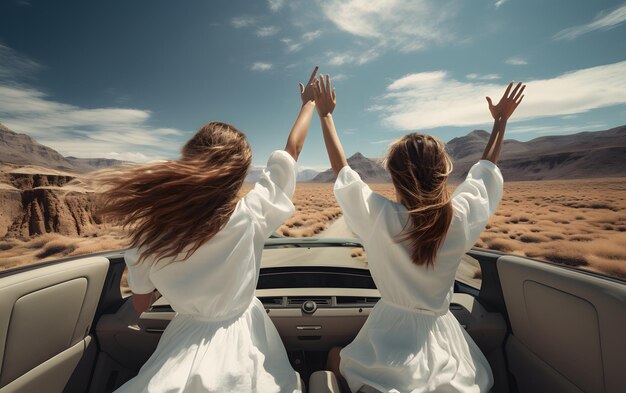 Two girls in a car with their hands up driving at summer