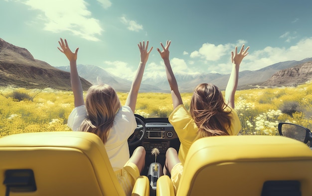 Two girls in a car with their hands up driving at summer