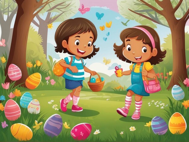 two girls carrying baskets of easter eggs in a field of flowers and trees