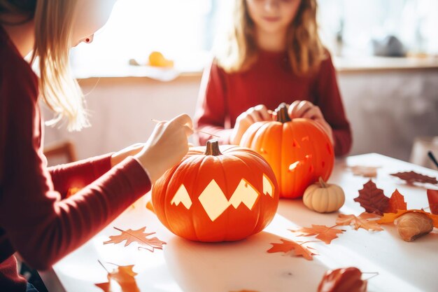 Photo two girls carving pumpkin lanterns for halloween at home
