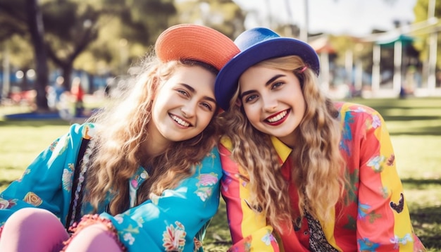 Two girls in colorful outfits are sitting in the grass and one has a hat on her head and the other has a smile on her face.