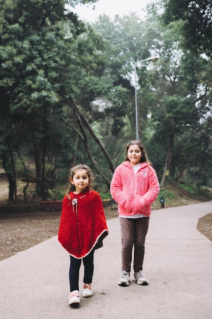 Two girls dressed in winter clothes, walking in a park road. vertical copy space