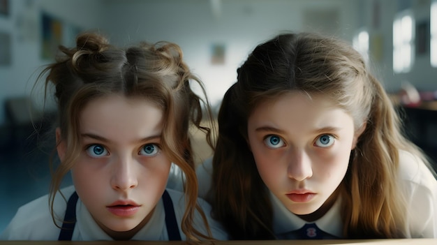 Две девушки с любопытством смотрят в камеру в школьном классе.