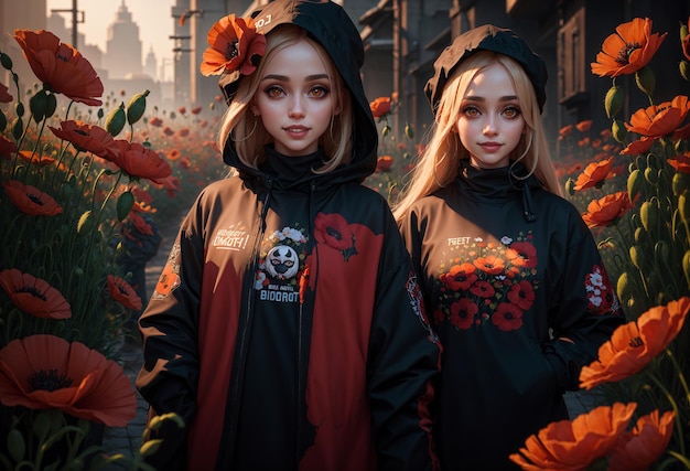 Two girls in a field of poppies