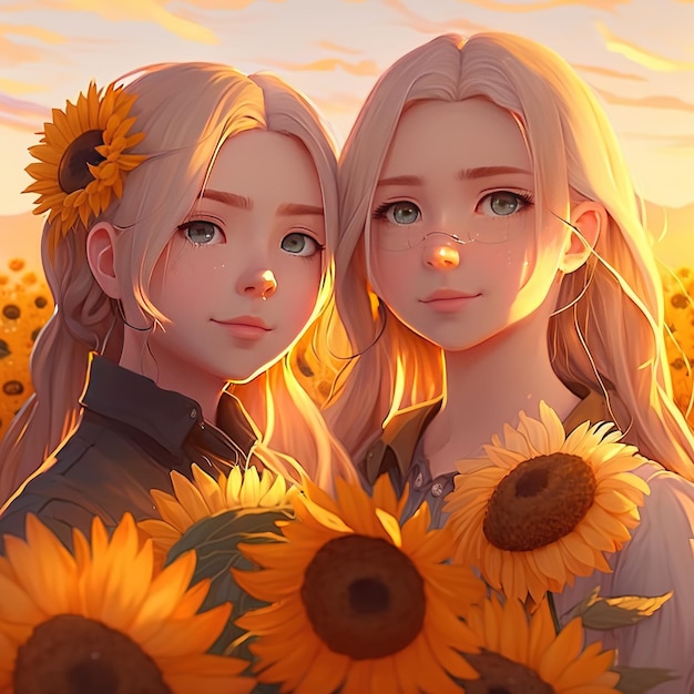 Two girls in a field of sunflowers