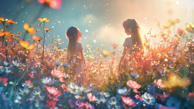 Two Girls in a Flower Field