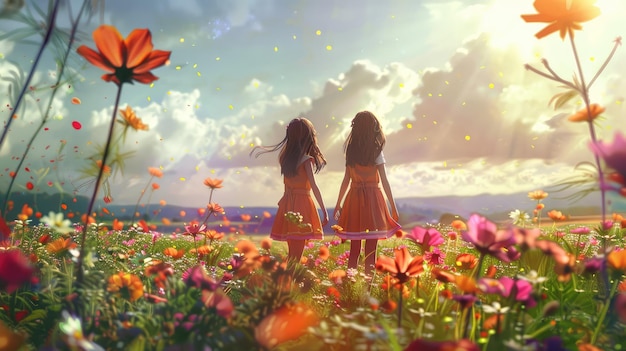 Two Girls in a Flower Field