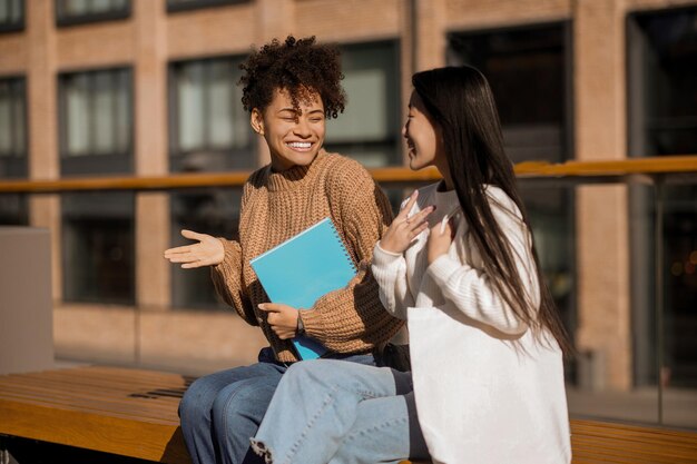 Two girls friendly communicating gesturing sitting on bench