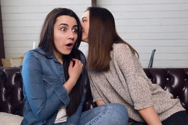 Two girls gossip at home, girlfriends at home, girl surprise emotion. High quality photo