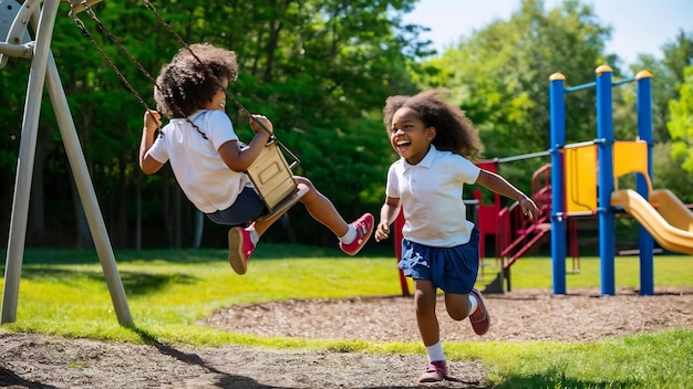 Two girls happily playing in the playground