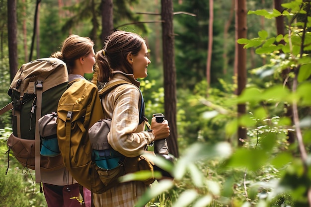 Two girls in hiking clothes hiking through the forest