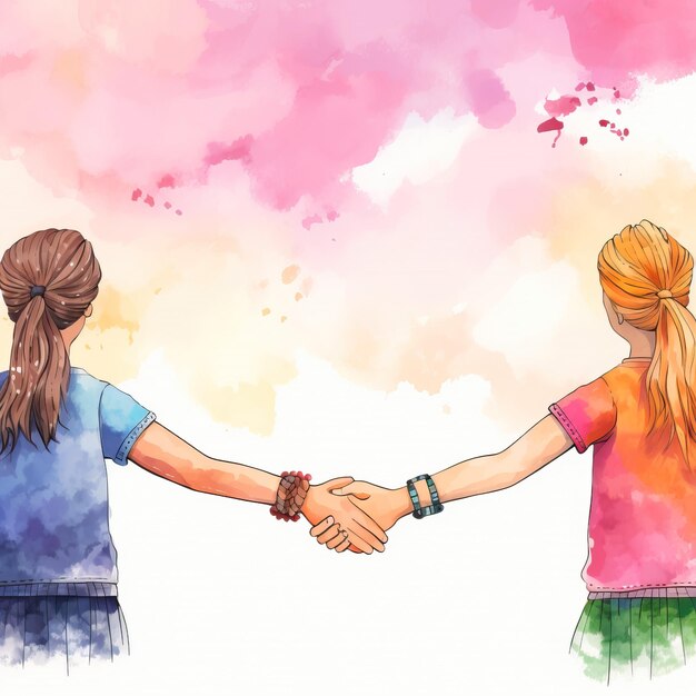 Photo two girls hold hands with one saying 