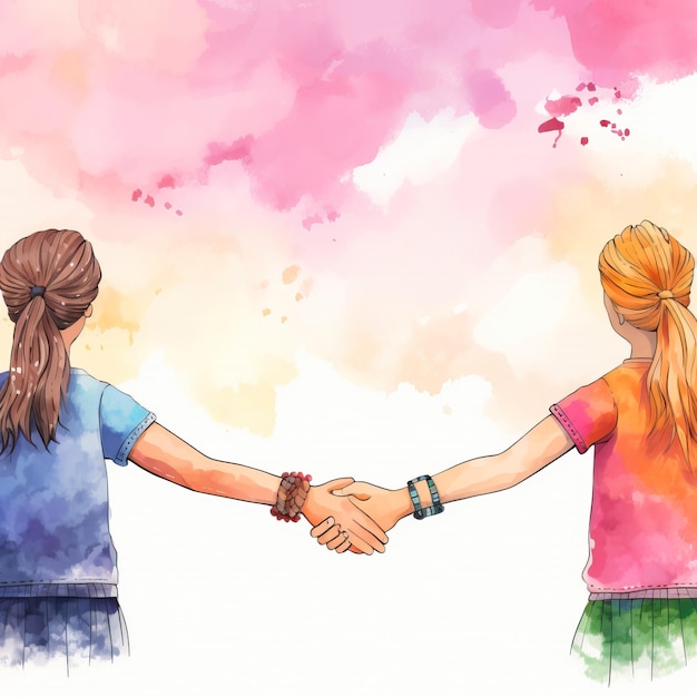 Photo two girls hold hands with one saying quot two quot and one has a pink background