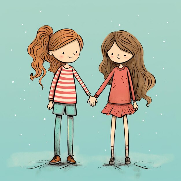 Photo two girls holding hands in the snow with one wearing a striped sweater