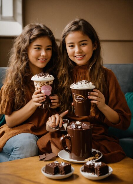 two girls holding mugs with hot chocolate and chocolate on them