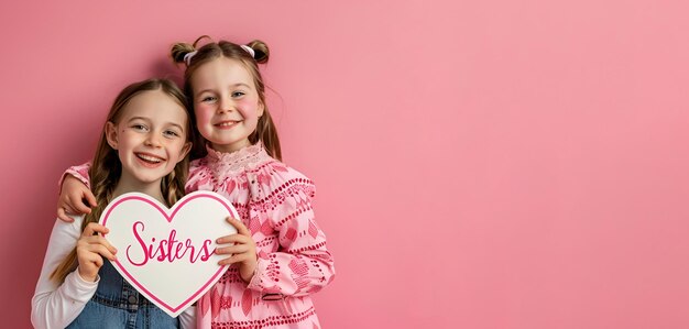 ピンクの背景に姉妹と書かれた紙のハートを持った2人の女の子国家兄弟の日