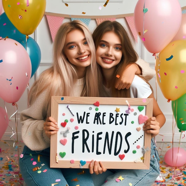 Photo two girls holding a sign that says were best friends