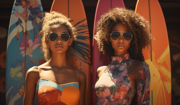 Two girls holding surfboards on the sandy beach young surfers