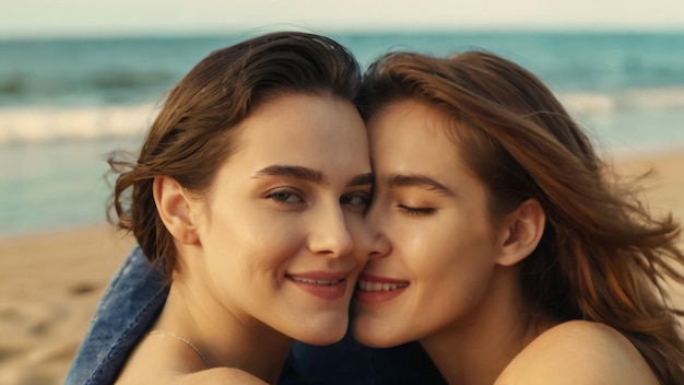 two girls hugging on a beach one of which has the word  on it