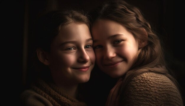 Two girls hugging in a dark room