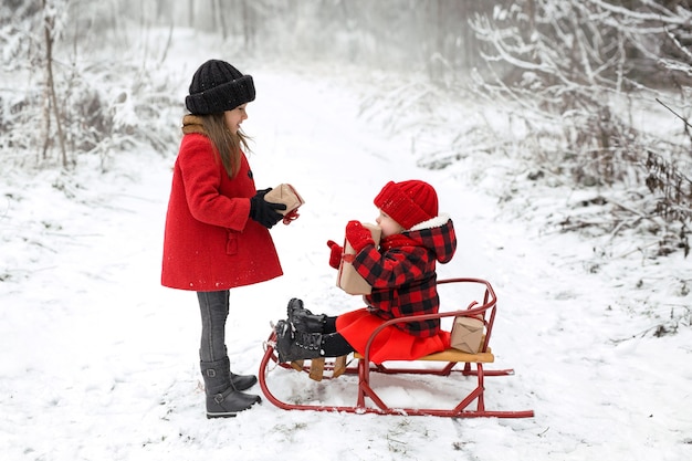 写真 凍るような冬の日に森の中で2人の女の子がクリスマスプレゼントを交換します