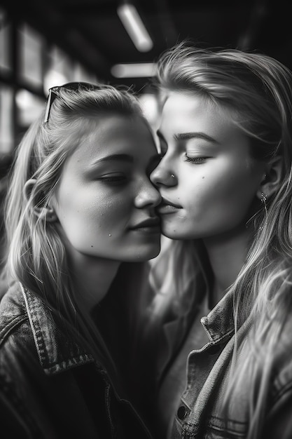 Two girls kissing on a bench