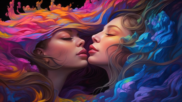 two girls kissing over colorful liquids Digital concept illustration painting
