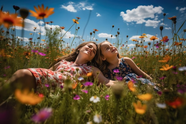 Two girls laying in a field of flowers