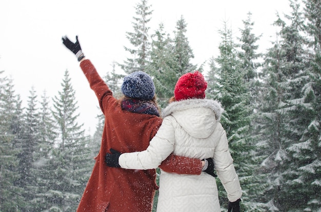 Two girls looking on mountain view