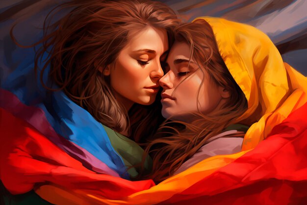사랑에 빠진 두 소녀가 LGBT 플래그를 감싸고 포옹합니다. 레즈비언 커플 AI 생성