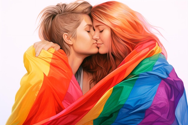 사랑에 빠진 두 소녀가 LGBT 플래그를 감싸고 포옹합니다. 레즈비언 커플 AI 생성