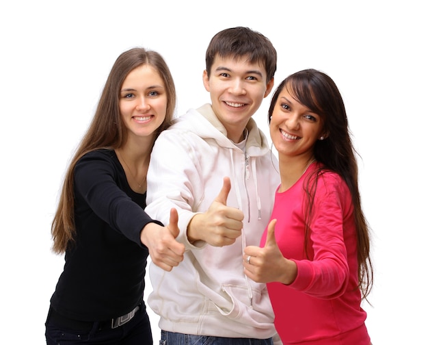 Two girls and one guy show the thumbs up. isolated on white 