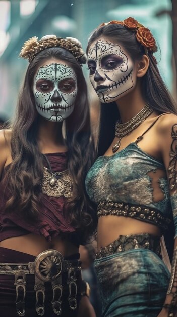 two girls one painting the others face skeleton for the festival day of the dead