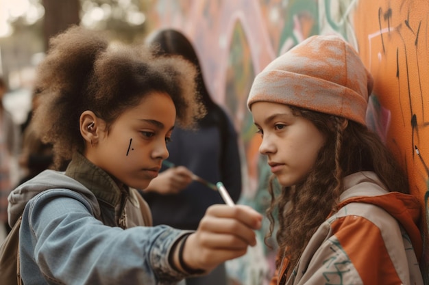 Two girls painting a girl's face in front of a wall with graffiti on it.