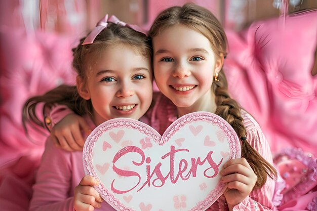 Photo two girls in pink are holding a paper heart with the text sisters