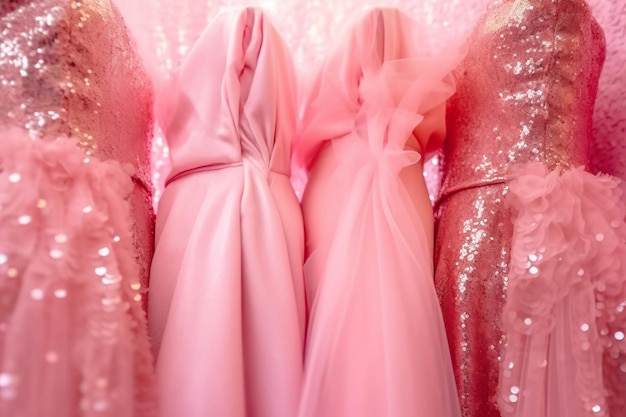 Two girls in pink dresses stand in front of a pink backdrop