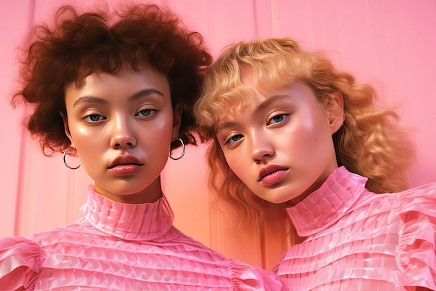 Two girls in pink outfits against a pink background