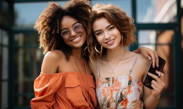 two girls posing for a photo with a building in the background