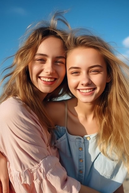 two girls posing for a photo with the sky behind them