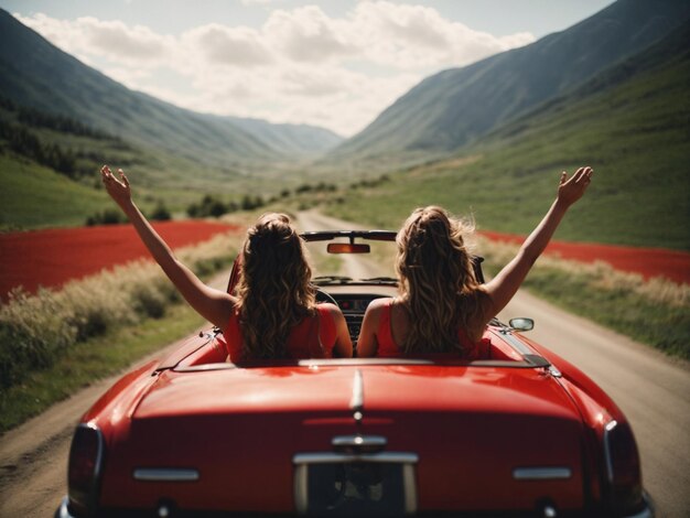 Photo two girls in a red car having fun