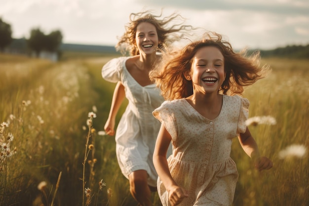 Photo two girls running through a field with the sun shining on them