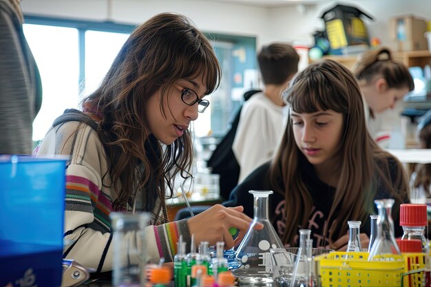 Two girls in a science lab working on a project