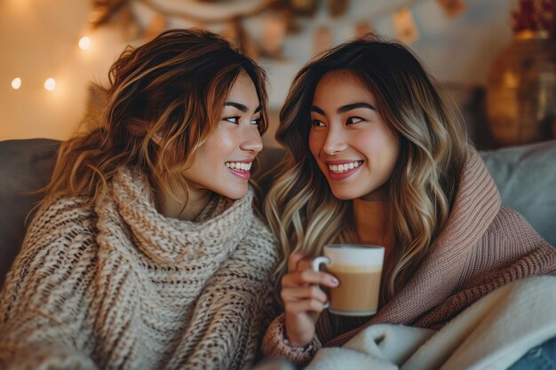 Two girls sipping coffee at home generative ai