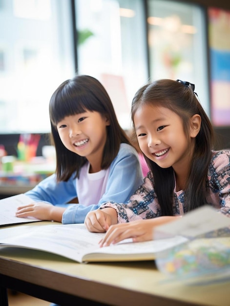 Photo two girls sit at a desk and read a book.