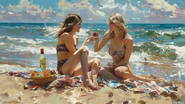 浜辺に座ってワインを飲んでいる2人の女の子オイル写真