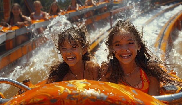 Photo two girls smiling while riding roller coaster