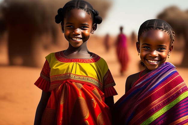 Two girls stand in a desert, one of which is red and yellow.