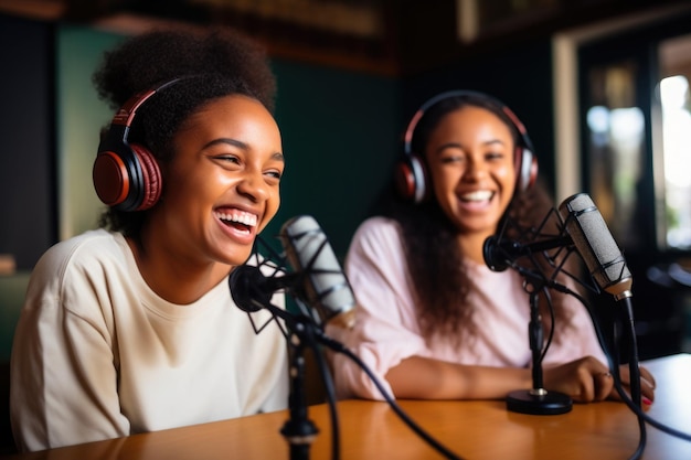 Two girls students headphones on podcasting on a microphone