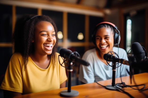 Two girls students headphones on podcasting on a microphone