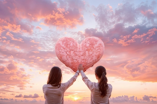 Two girls touch hands with a big heart on the background of a beautiful sunset valentines day